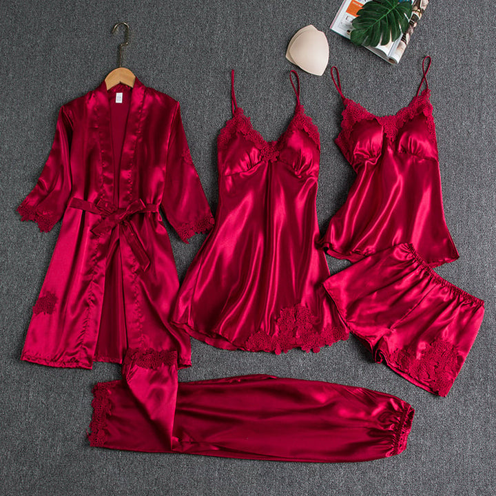 Red satin silk 5-piece nightwear set with lace-trim robe, camisole, and shorts