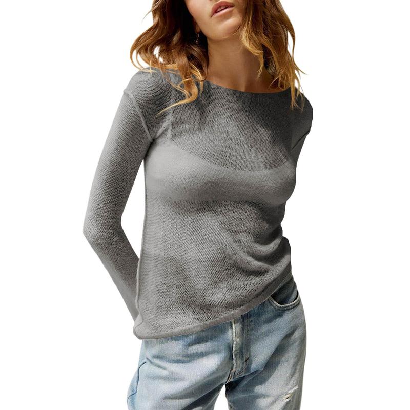 Gray sheer long-sleeve top with wide neckline and relaxed, lightweight drape