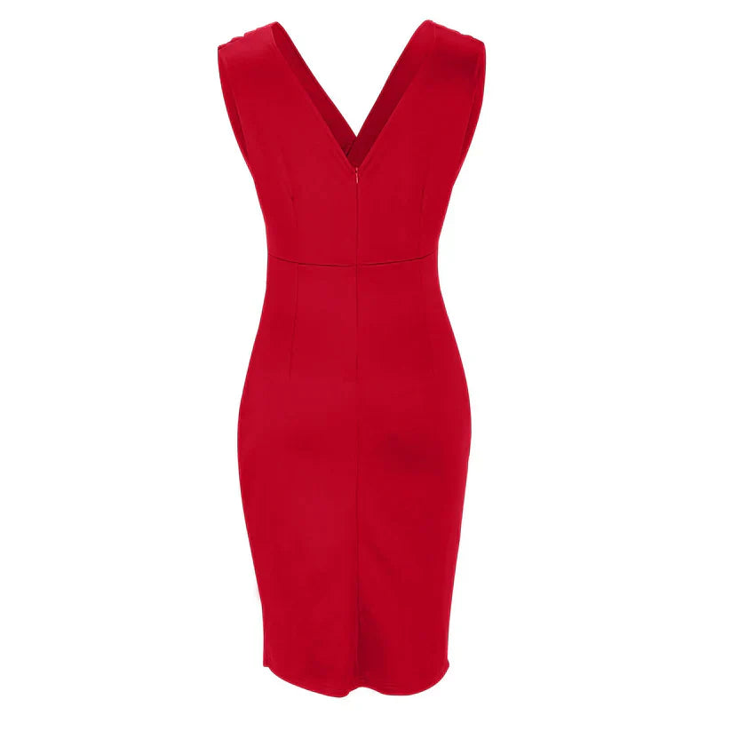 Red sleeveless bodycon dress with V-neck, fitted seams and straight knee-length skirt.