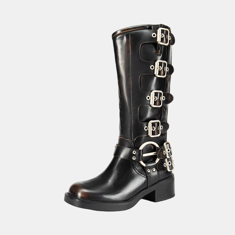 Knee-high leather boots in black with silver-tone buckles and ankle harness