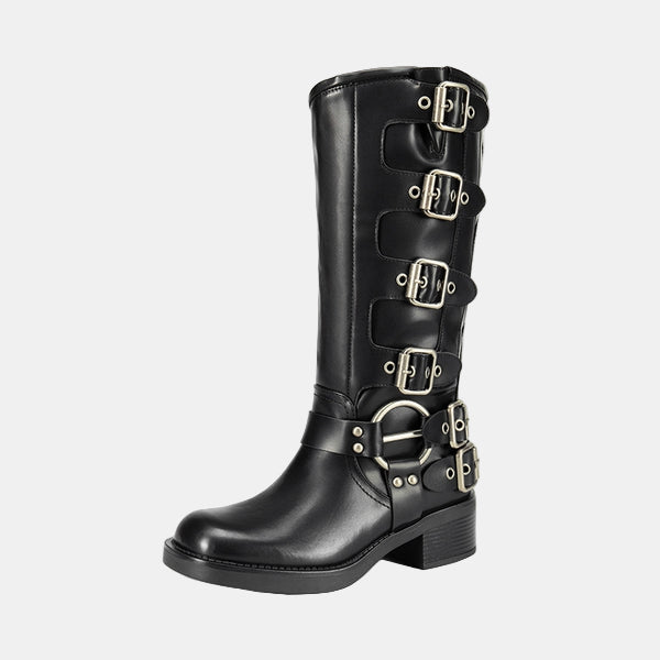 Knee-high leather boots, black with silver-tone buckle detailing and mid heel