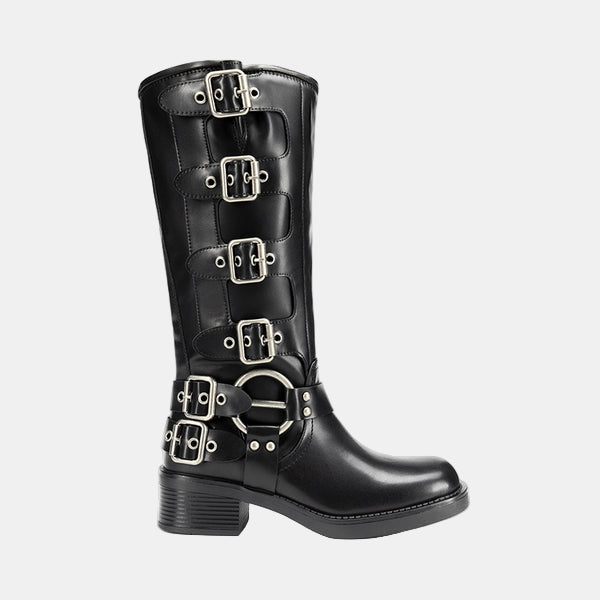 Knee-high leather boots in black with silver-tone buckle straps and stacked bands