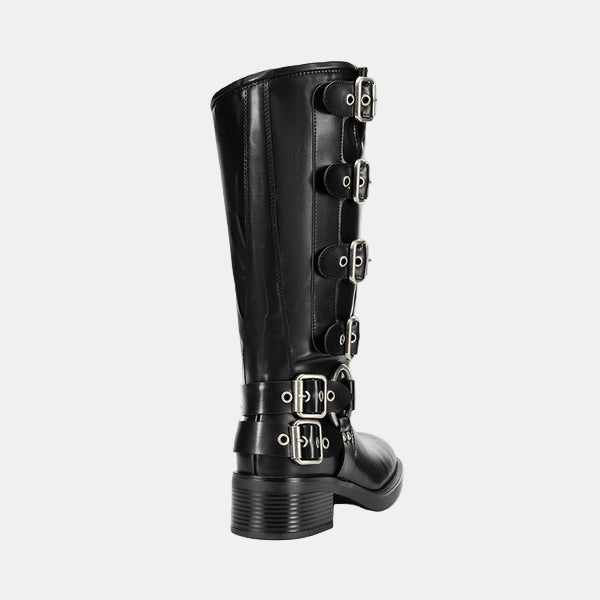 Knee-high leather boots in black with side view buckle straps and low block heel