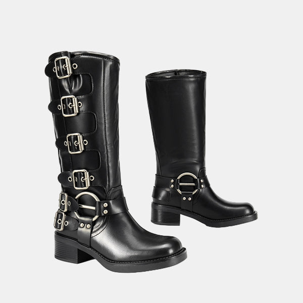 Pair of knee-high leather boots in black with silver-tone buckles and mid heel