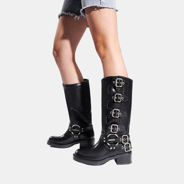 Knee-high leather boots in black with silver-tone buckles and mid block heels