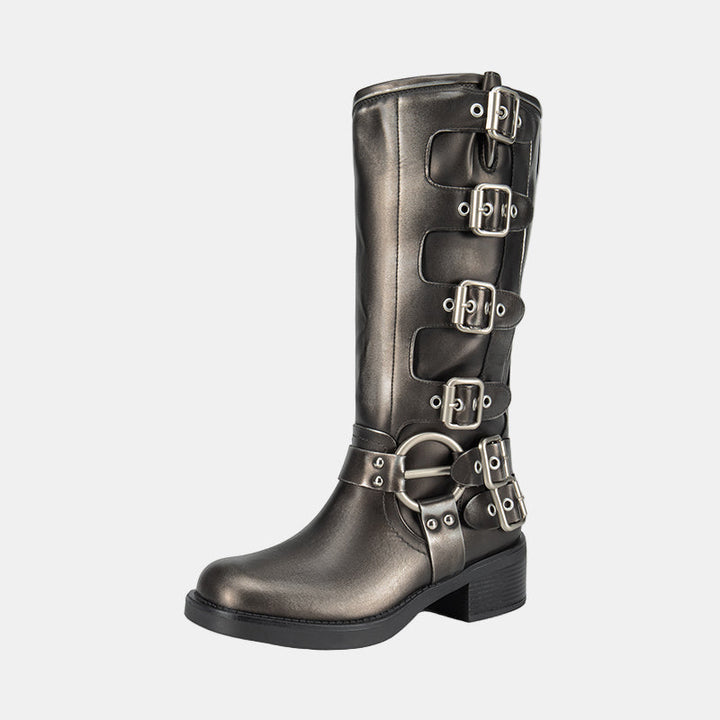 Knee-high leather boots with multi-buckle straps and silver hardware, block heel