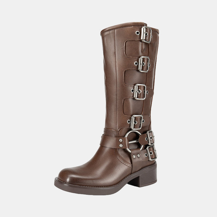 Knee-high leather boots in brown with silver-tone buckle straps and block heel