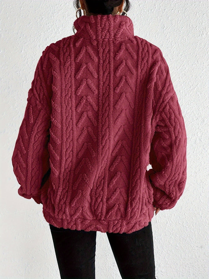 Warm knit quarter-zip sweater in burgundy with cable texture, long sleeves, back view.