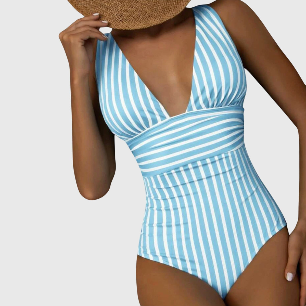 Light blue and white striped one-piece swimsuit with deep V-neck