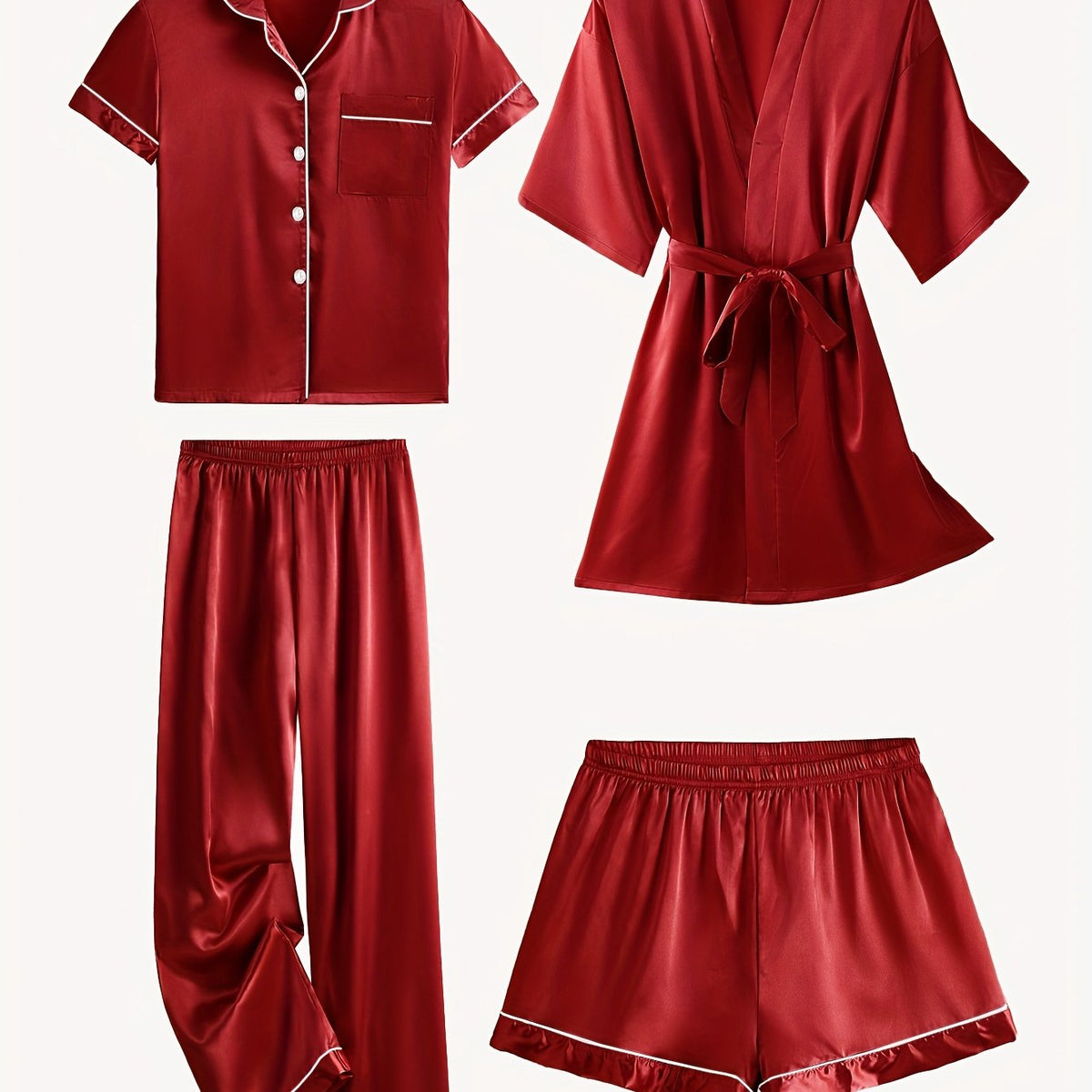 Red satin pajama set with mid-sleeve button top, belt-tied robe, and elastic pants