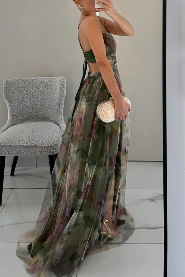 Green-toned multicolor maxi dress with halter straps, pleated skirt and sash tie
