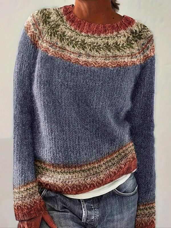 Heather blue knit sweater with multicolor stripe crew yoke and ribbed cuffs