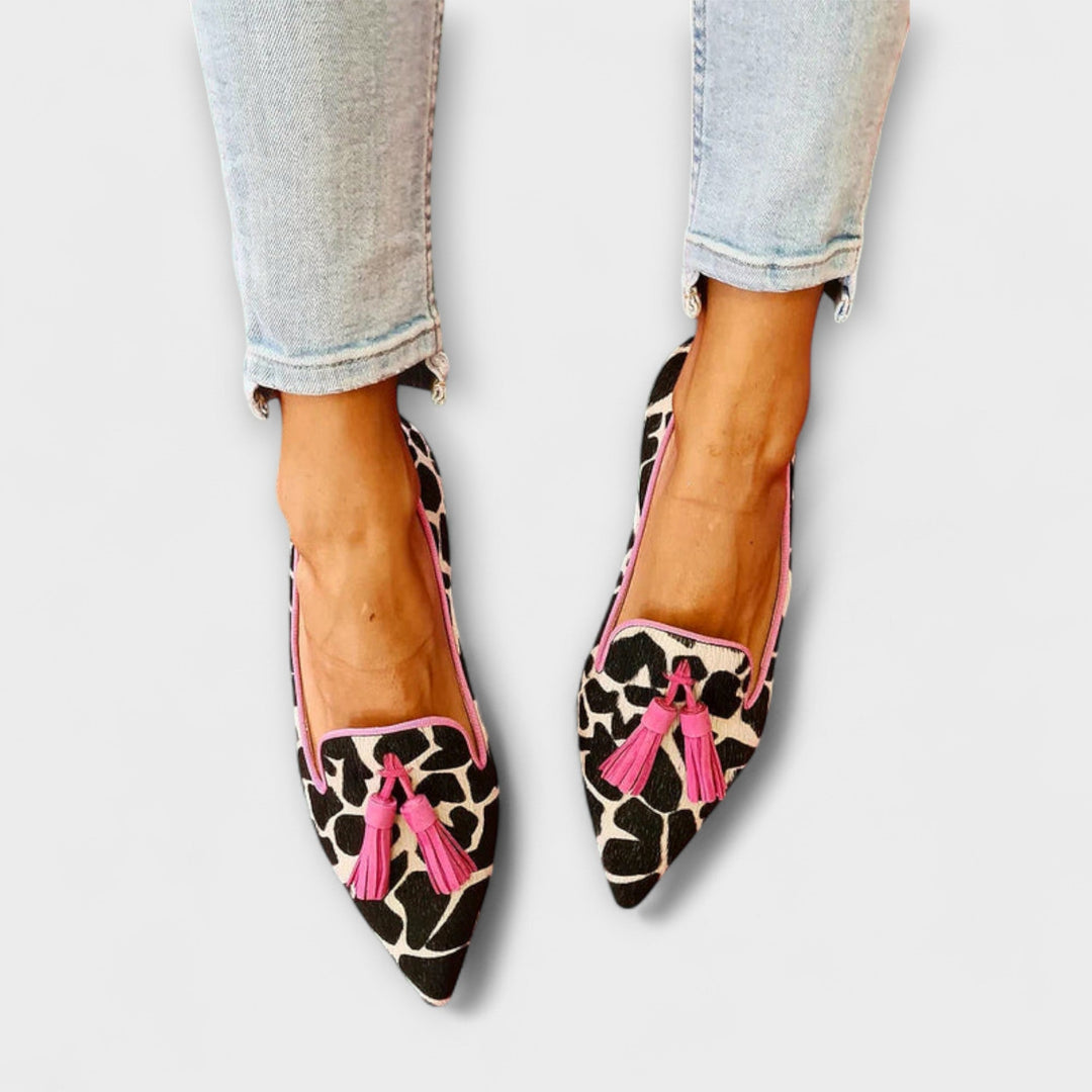 Steph elegant loafers with pink tassel, leopard print trim, pointed toe, slip-on