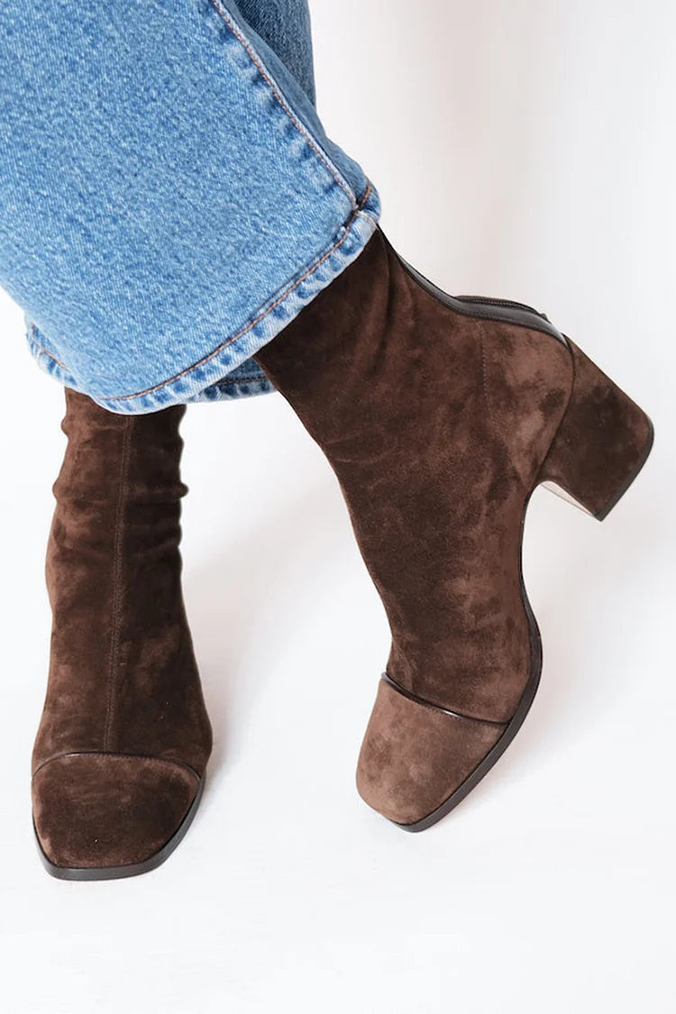 Dark brown suede mid-calf boots with block heel and almond toe