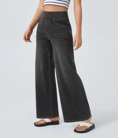 Relaxed wide-leg jeans in dark charcoal, high rise with front pockets and belt loops