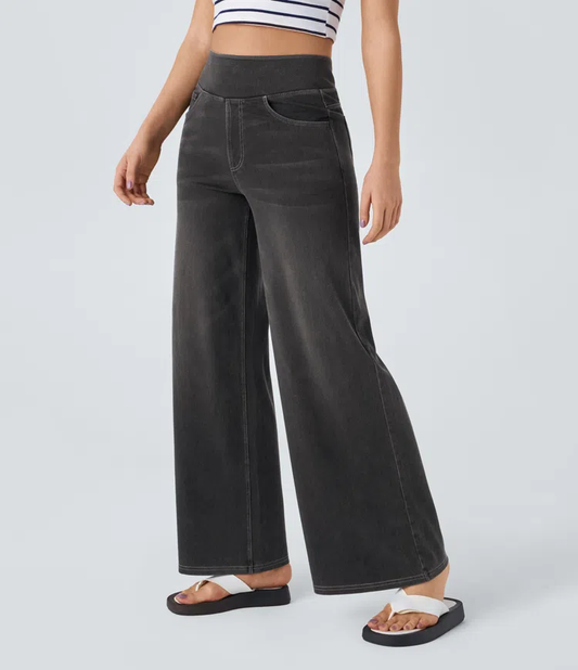 Relaxed wide-leg jeans in dark charcoal, high rise with front pockets and belt loops