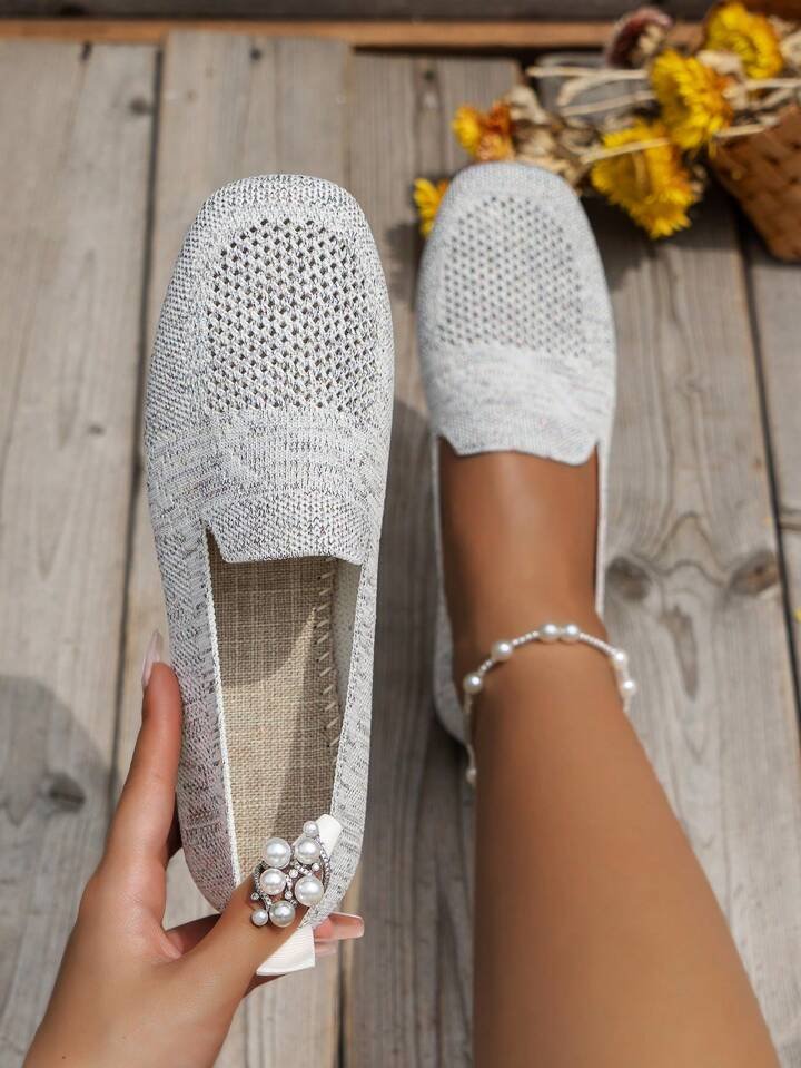 White/gray knit slip-on orthopedic shoes with pearl ankle strap and low heel