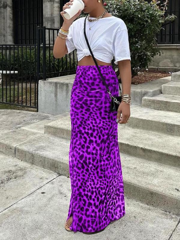 Leopard print high-waist bodycon skirt, purple with dark spots