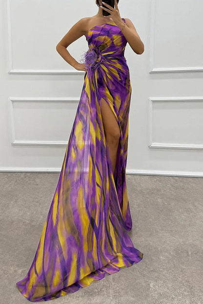 Strapless tie-dye maxi dress with side slit and flower detail, purple and yellow