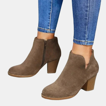 Brown suede block-heel ankle boots with side zip and almond toe