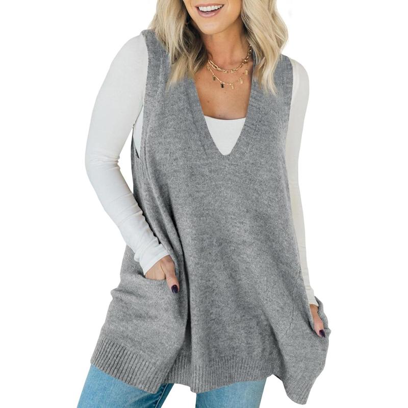 Gray knit sleeveless tunic vest with V-neck and side pockets, hip-length hem