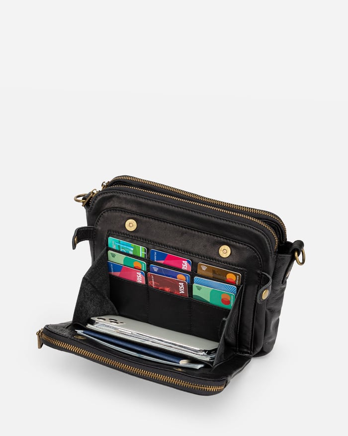 Jovie sleek three-layer crossbody bag in black, open showing card holders and pockets