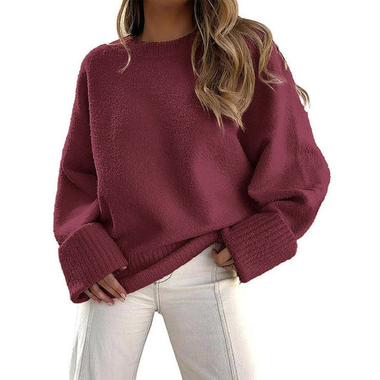 Wine red crewneck long-sleeve pullover sweater with ribbed cuffs and hem