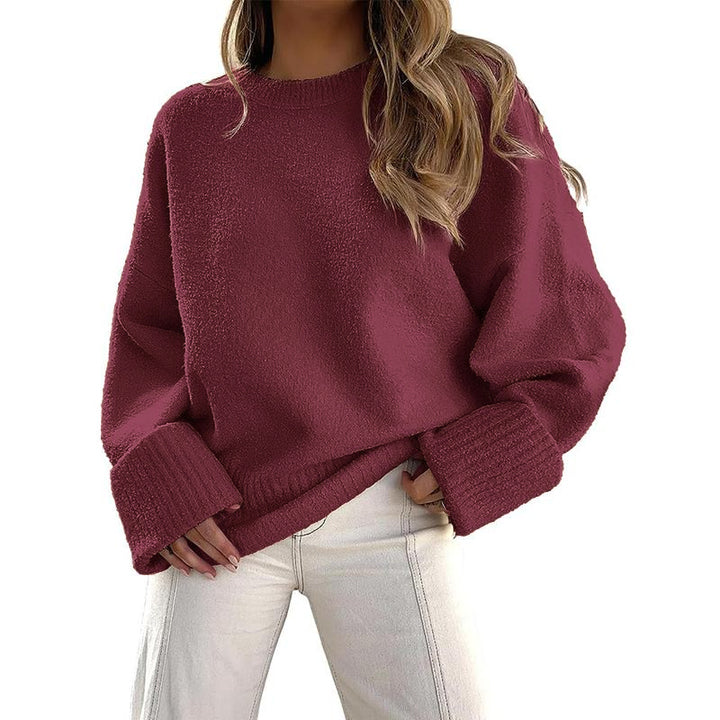 Wine red crewneck long-sleeve pullover sweater with ribbed cuffs and hem
