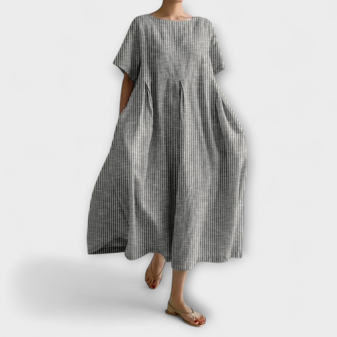 Light summer dress in grey with small vertical check, round neck, loose midi silhouette