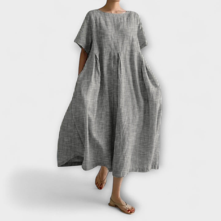 Light summer dress in grey with small vertical check, round neck, loose midi silhouette