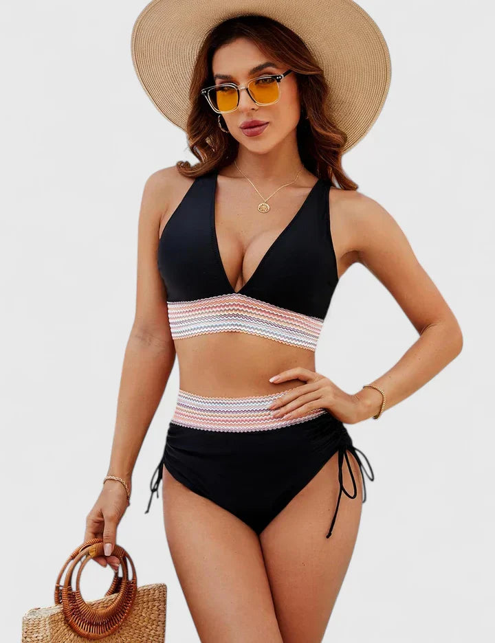 Women’s black bikini set with deep V top, striped waist band, and tie-side bottoms