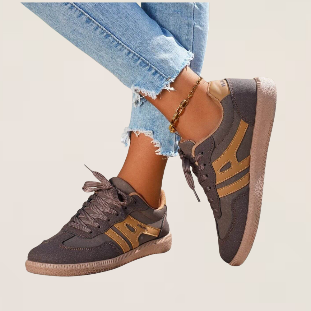 Brown low-top all-day support shoes, lace-up with suede panels and gum sole