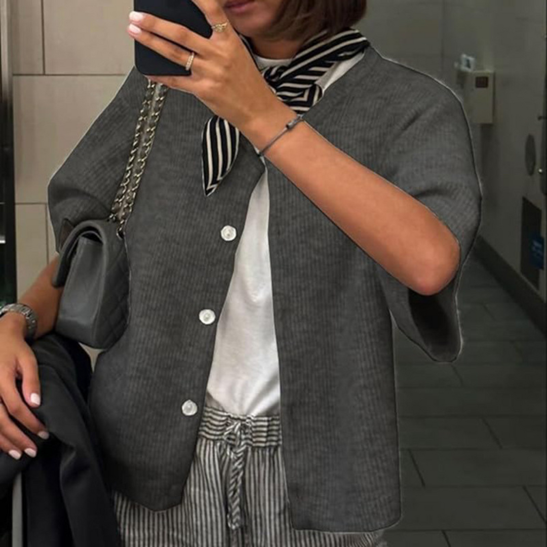 Lightweight short sleeve button cardigan, dark gray knit with front buttons and wide collar