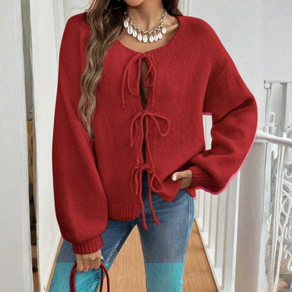 Red tie-front cardigan with round neck and drawstring lacing, long sleeves