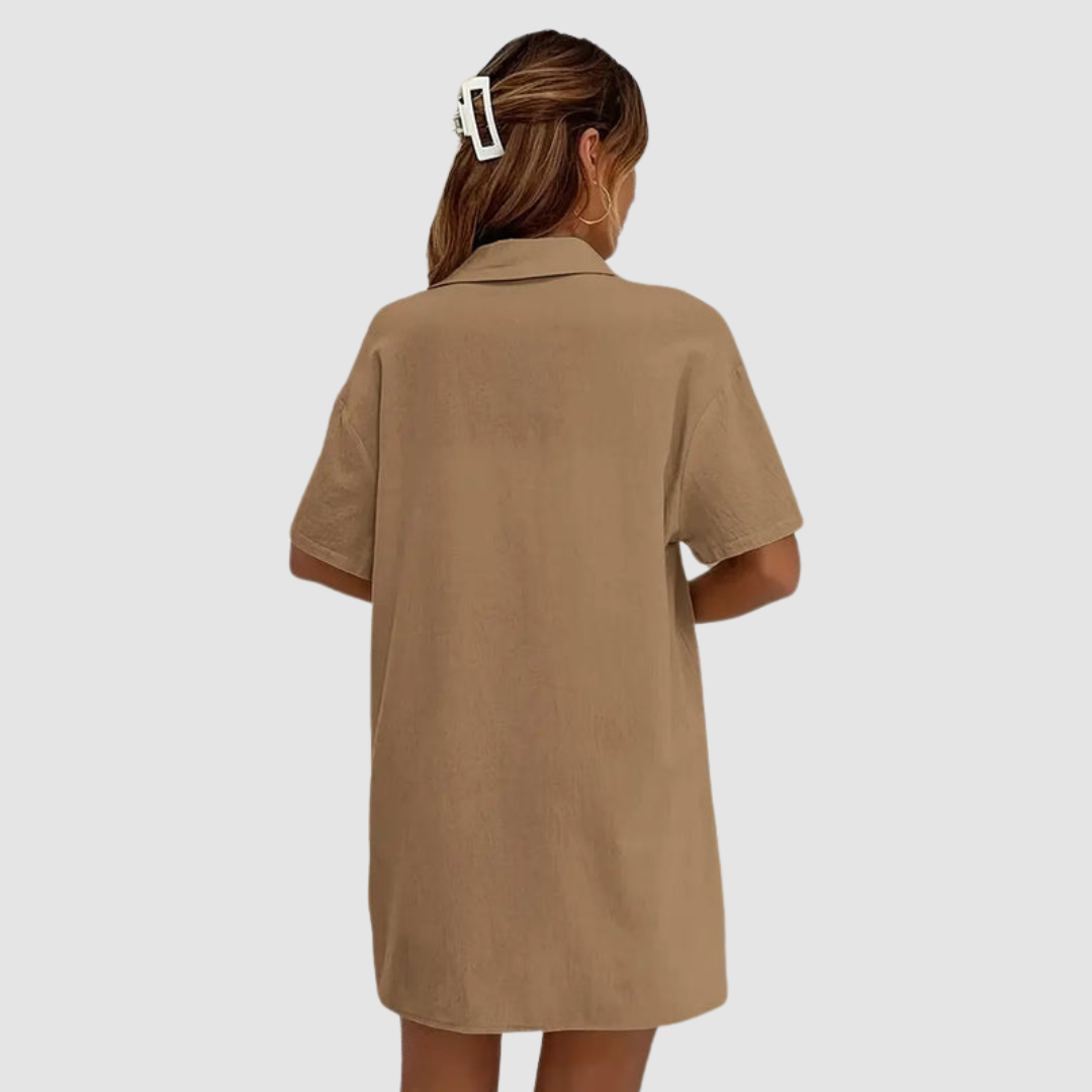 Back view khaki short-sleeve button-up top and drawstring shorts set