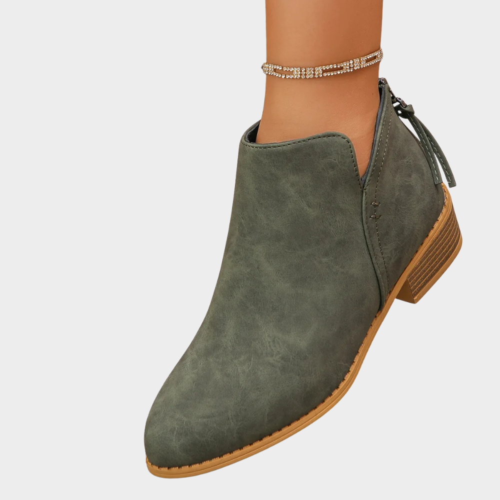 Army green suede low-heel ankle boot with side tie and tan sole trim