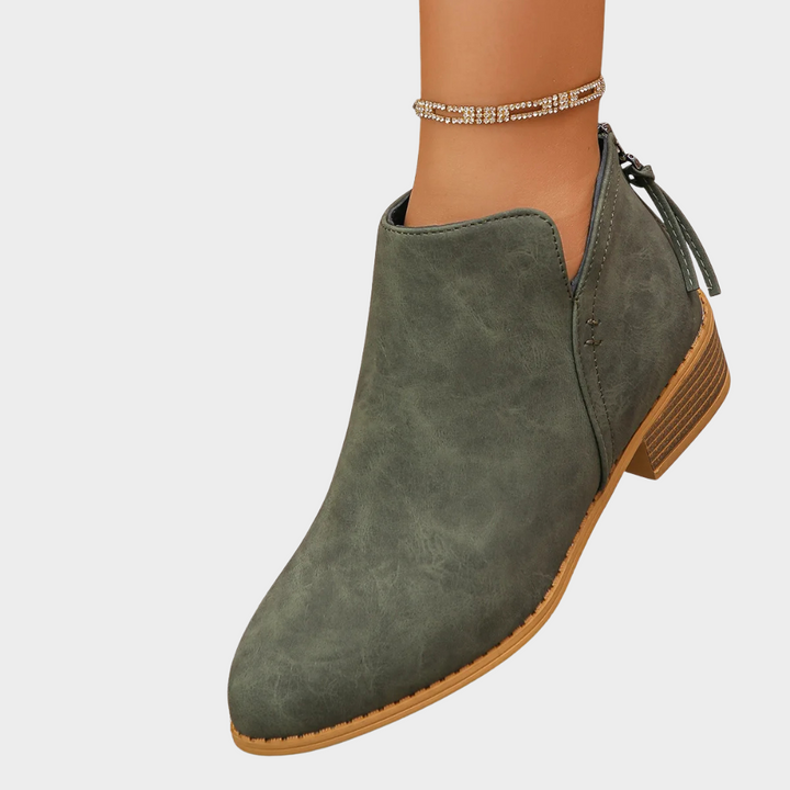 Army green suede low-heel ankle boot with side tie and tan sole trim