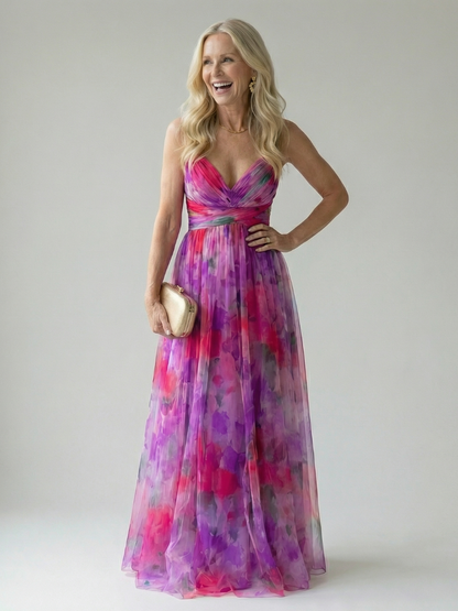 Pink purple multicolor soft wrap maxi dress with V neckline and gathered waist