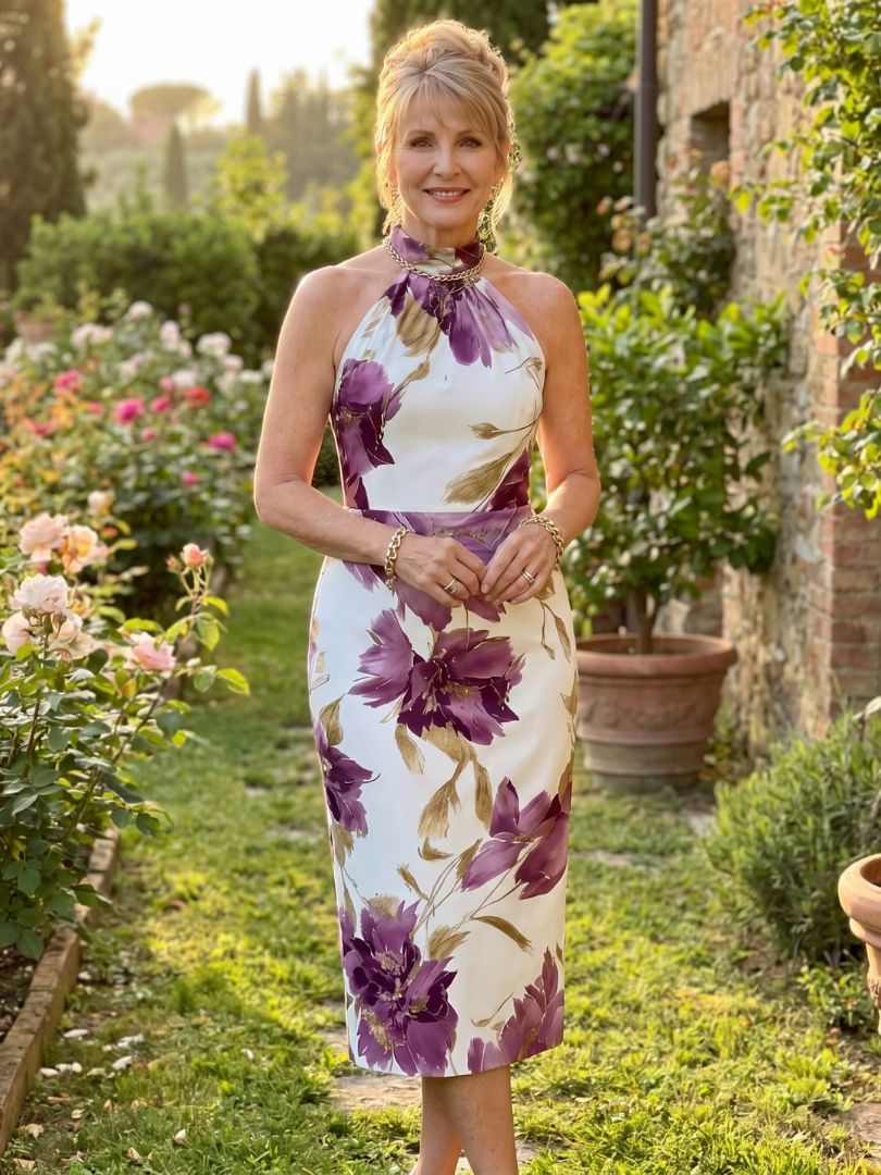 Purple floral print halter-neck midi dress with gathered keyhole neckline and midi length.