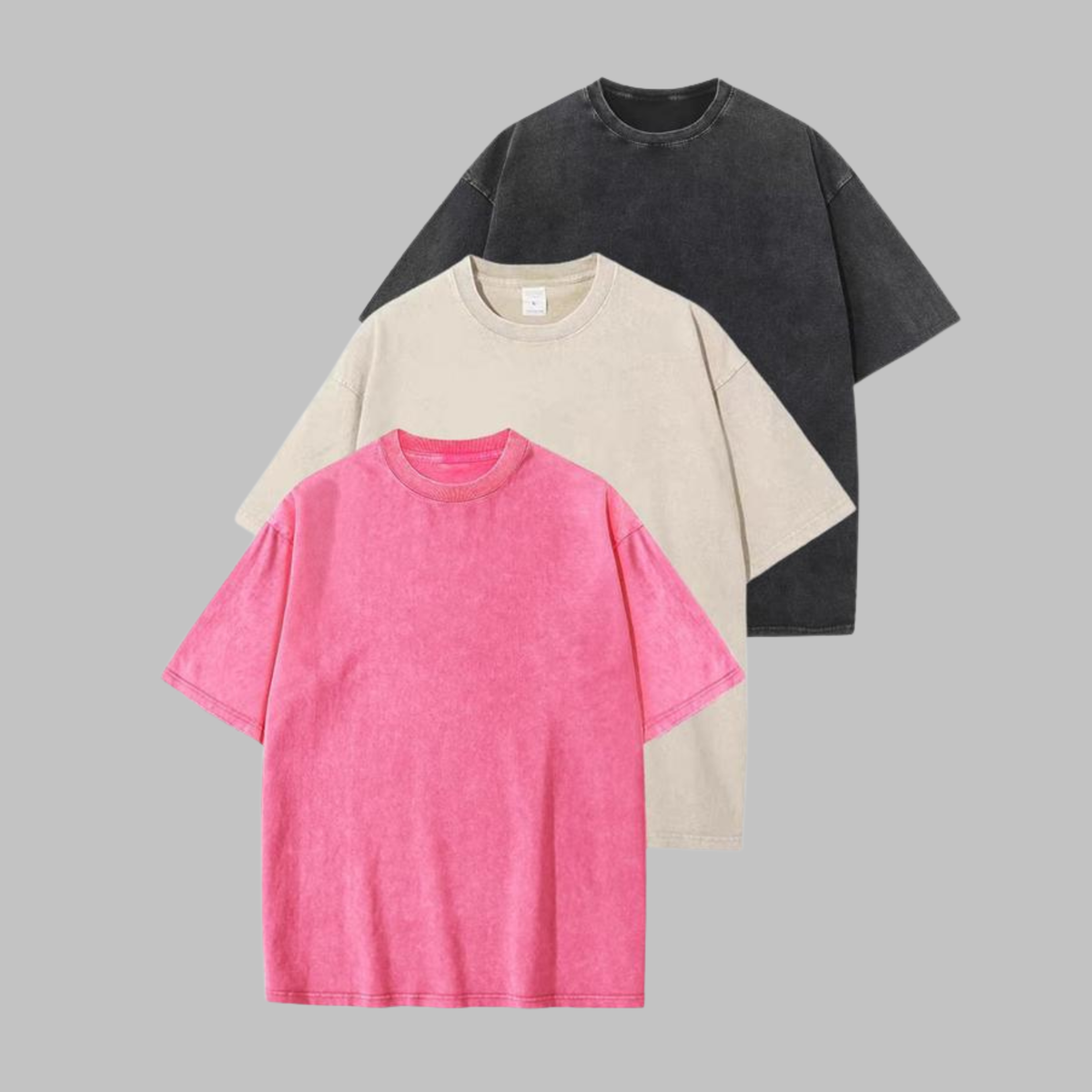 3-pack washed crew-neck T-shirts in pink, beige, and dark gray