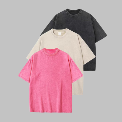3-pack washed crew-neck T-shirts in pink, beige, and dark gray