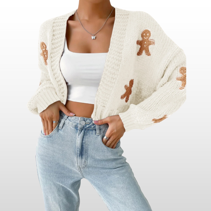 NOIME™ apricot knit cardigan with gingerbread appliques, open front, long sleeves