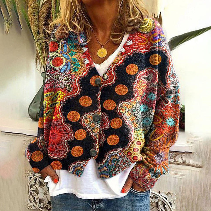 Boho cardigan with multicolor patchwork print and button front, long sleeves