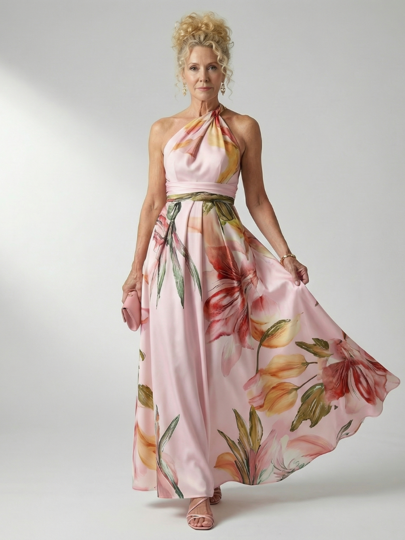 Amiel light floral maxi dress front, halter neck, pink base with colorful floral print, maxi length
