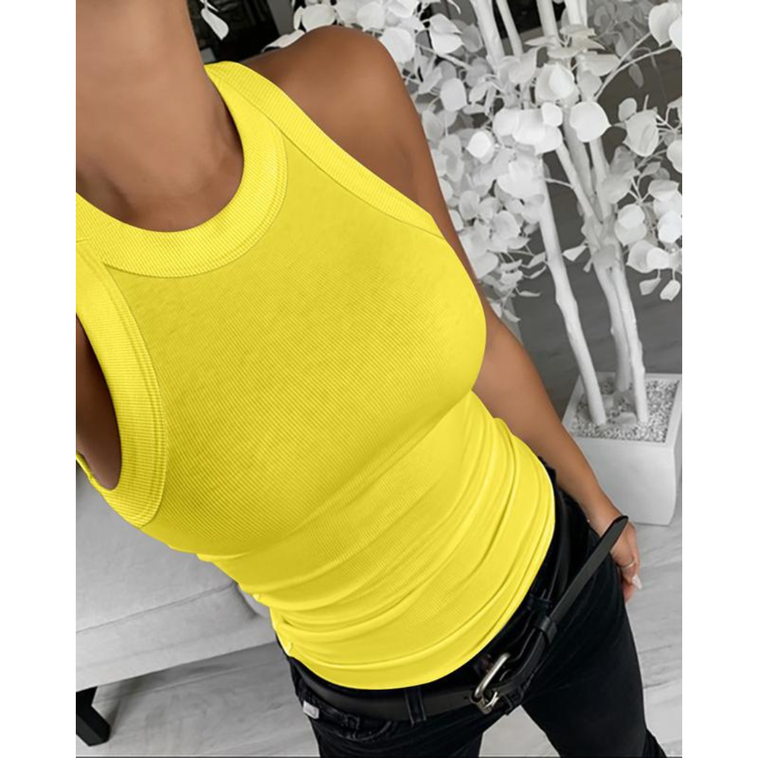 Everyday casual sleeveless pullover in fluorescent yellow, round neckline, fitted stretch knit