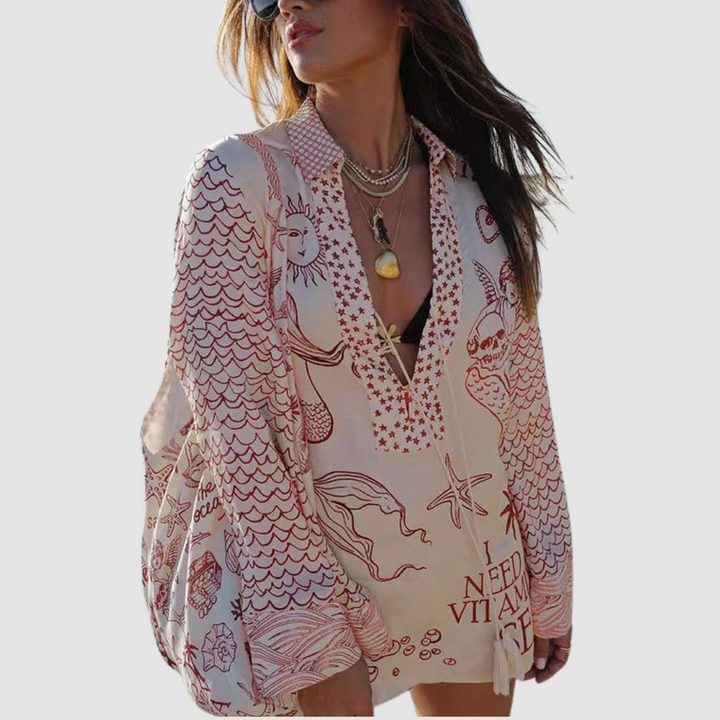 Olivia™ two-piece set in red accents: long-sleeve V-neck printed shirt and elastic-waist shorts