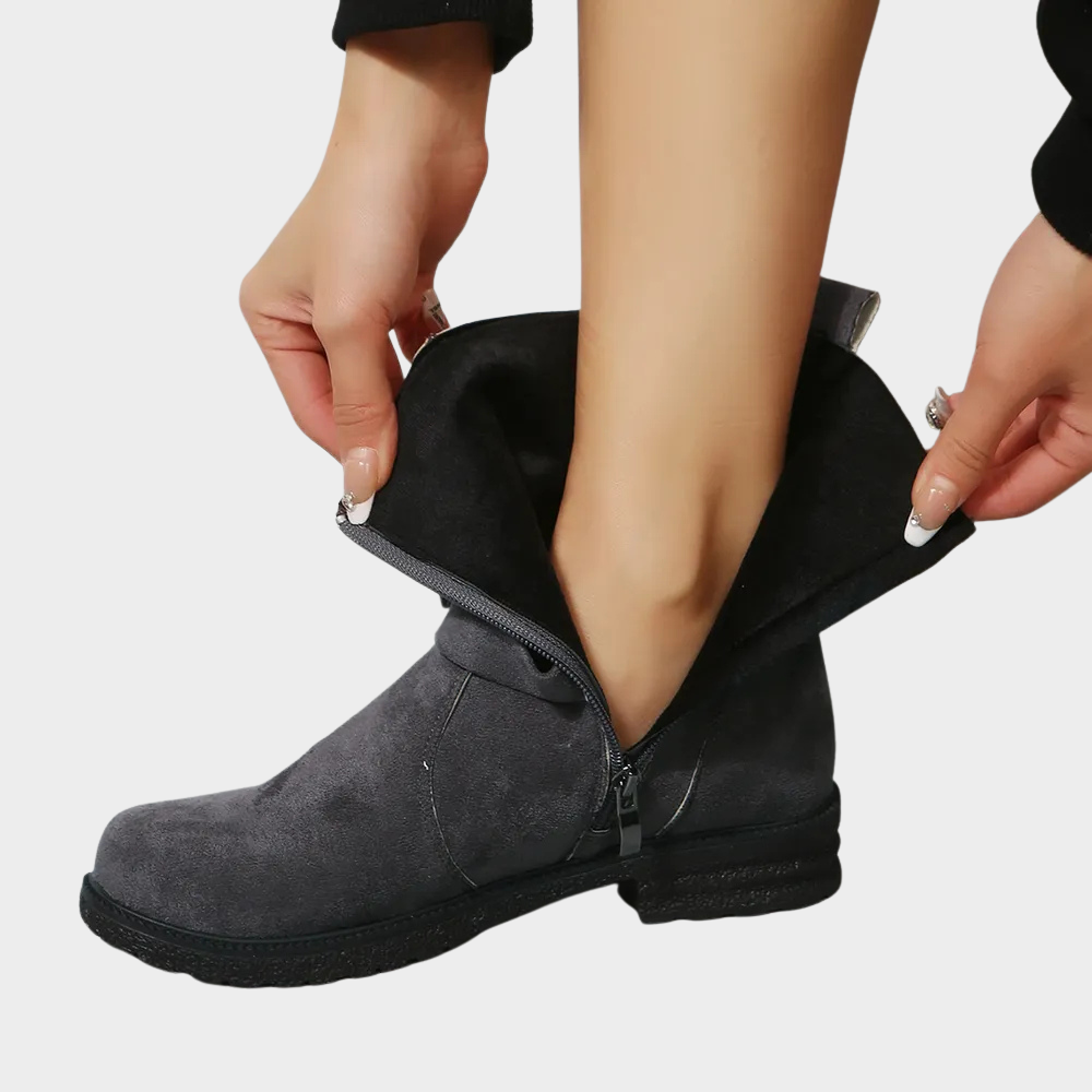 Low heel ankle boots in dark gray with side zipper and cushioned sole