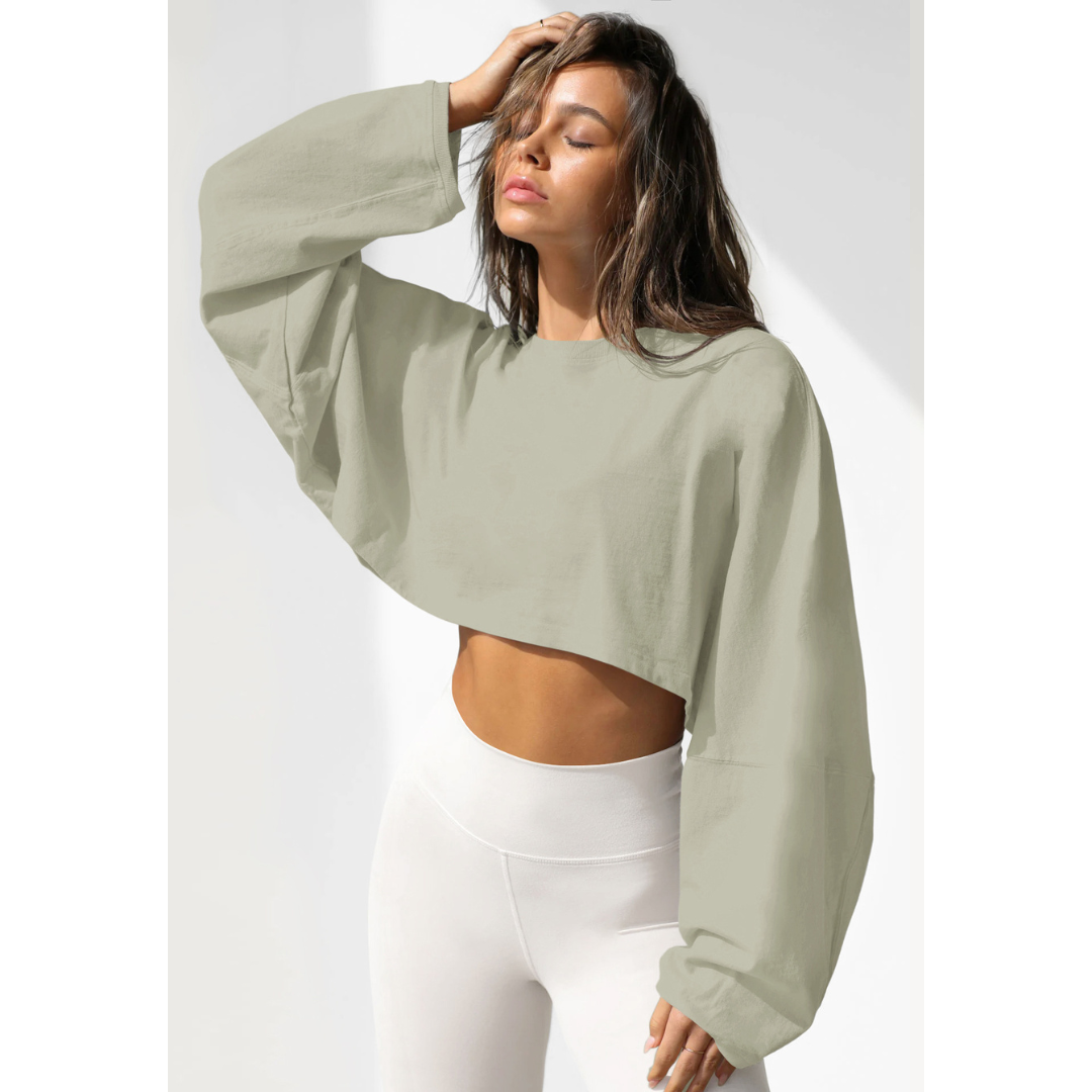 Women’s cropped pullover sweatshirt, light sage green crew neck with long sleeves