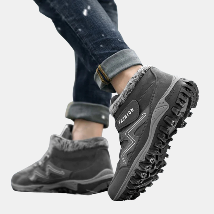 Gray orthopedic shoes with faux-fur collar and hook-and-loop straps, chunky tread sole