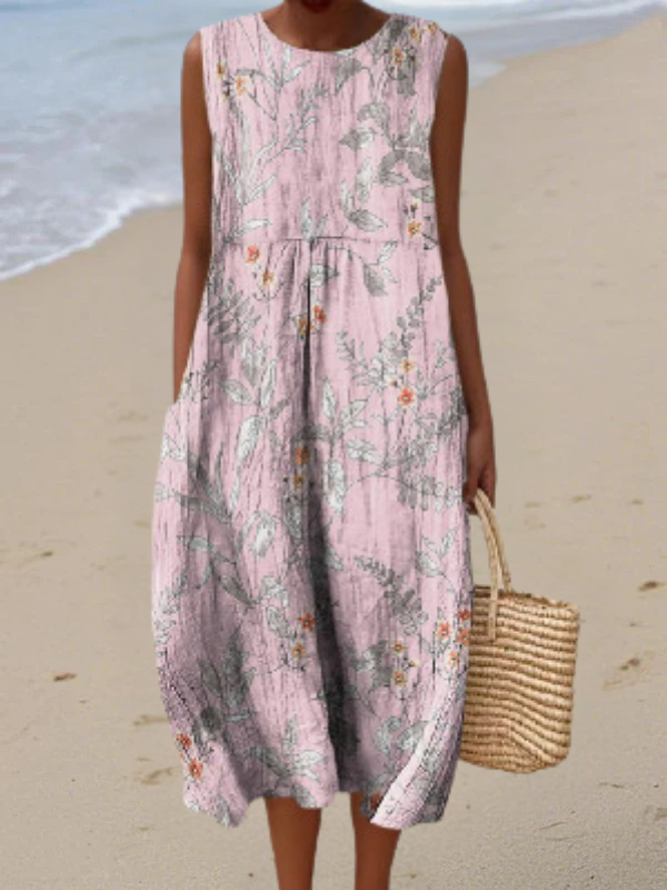 Sleeveless pink midi dress with multicolor botanical print, gathered waist